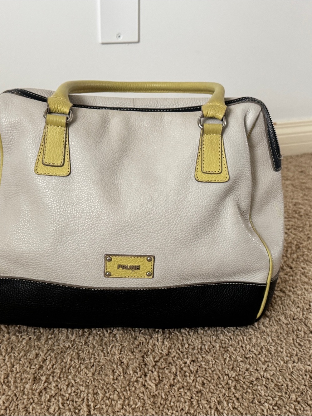 Prune Tricolor Leather Satchel — Cream, Black & Yellow